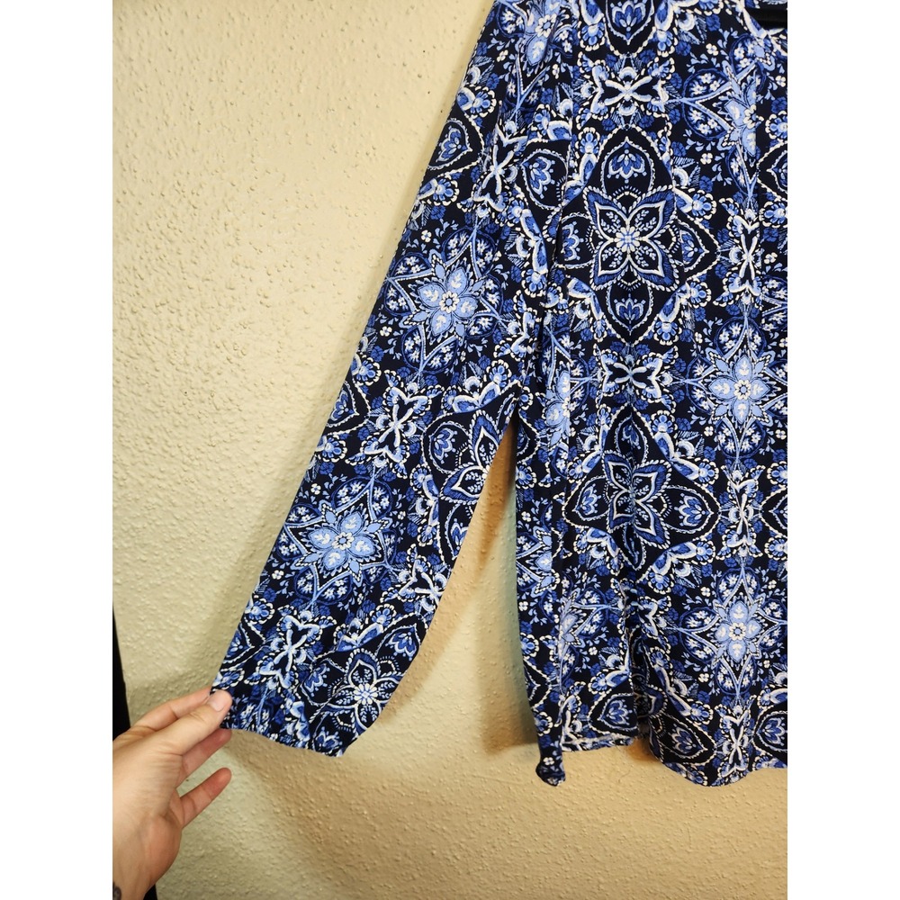 Emily Daniels Women's Blue Black Floral Tie Neck Puff Long Sleeve Blouse Size XL - Picture 3 of 7